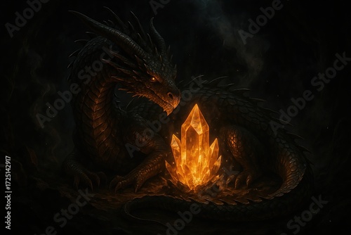 Dark Dragon Guarding Glowing Amber Crystal