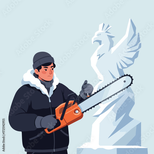 Ice sculptor carving a bird statue with chainsaw outdoors in winter
