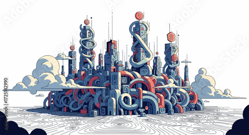 Abstract city with complex piping systems, abstract city illustration displaying a network of interconnected pipes and futuristic towers.