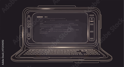 Illustration of Retro laptop, vintage computer device with keyboard and screen display against dark backdrop, vintage computer concept.