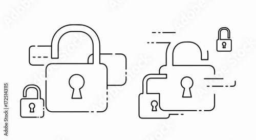 Security concept shows open padlock icons with closed padlocks. Security concept is visually presented using minimalist design elements.