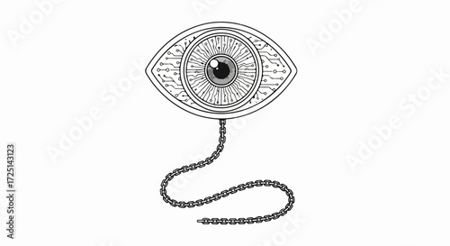 Isolated drawing of an eye with chain, showcasing surreal concept. Surreal eye drawing with interconnected chain evokes modern mysticism. Use surreal eye drawing for unique album art.