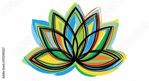 Colorful lotus flower illustration on plain white backdrop, ideal for meditative art. Lotus flower represents spiritual growth, resilience, and purity across different cultures.