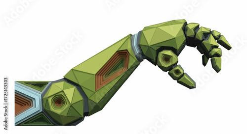Robotic arm in green polygonal design presented on clean white background, displaying arm technology and futuristic arm concept. Robotic arm is sleek and modern,