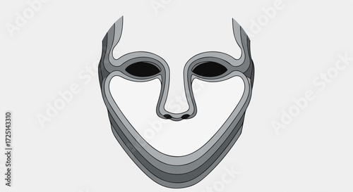 Mythical mask in geometrical style creates an abstract face. Mythical mask is depicted with stylized geometry, presenting formidable yet simple figure. The mythical mask shows simple shape,