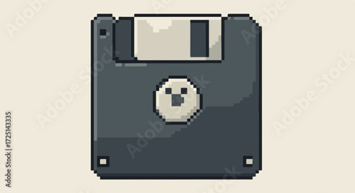 Retro floppy disk digital storage media.  Classic 5.25 inch floppy diskette with pixel art design. Nostalgia concept for retro computing and data storage,