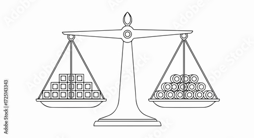 Balanced scales showing equal weight of money and goods. Illustration depicts equal value of resources and financial assets. Concept image for business and finance presentations,