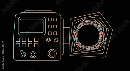 Futuristic control panel with glowing interface and abstract data visualization. Digital technology concept showing advanced machine interface with colorful data stream.