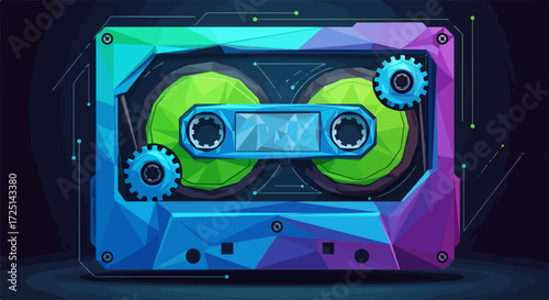 Retro cassette tape with vibrant colors and gears.  Cassette tape design features geometric shapes and polygonal style.  This stylish cassette tape is perfect for album art, music posters,