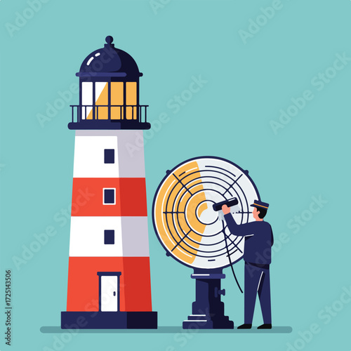 Lighthouse keeper operates large radar beside striped red/white lighthouse