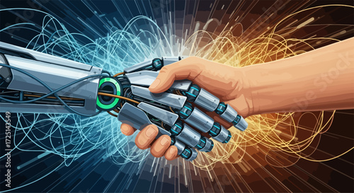 Human and robot handshake symbolizes technological progress and future collaboration. Futuristic robotic hand shakes human hand representing artificial intelligence partnership.