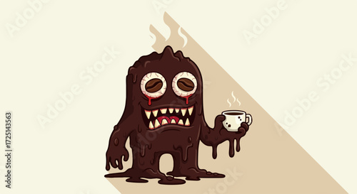 Cartoon monster with coffee for caffeine lovers and creative designs, showcasing funny monster character holding cup. Funny monster illustration is perfect for animation projects and humorous artwork,