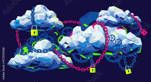 Digital security illustration showing abstract polygonal clouds with chains and padlocks. Digital security ensures data integrity and network protection. Concept digital security for cloud computing,
