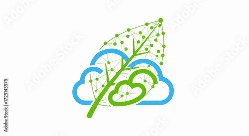 Conceptual cloud computing illustration with green leaf depicting environmental sustainability. Cloud computing solutions combine technology with nature, offering a sustainable alternative.