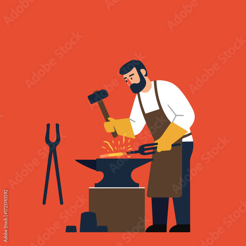 Cartoon blacksmith striking hot metal on anvil, sparks flying