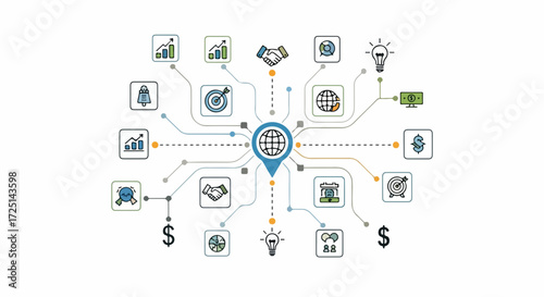 Global business network shows linked icons on white background, depicting connections. Global business network connections branch outward to illustrate strategy and management.
