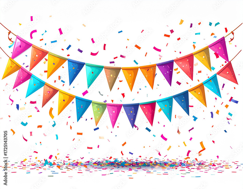 Obraz premium Colorful Birthday Banner with Party Flags and Confetti, Front View, Isolated 