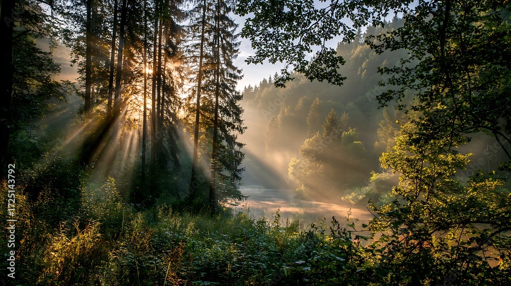 Fototapeta premium Foggy dawn in forest sunbeams shining through dense tree branches distant mountains and river no animals or humans pure nature