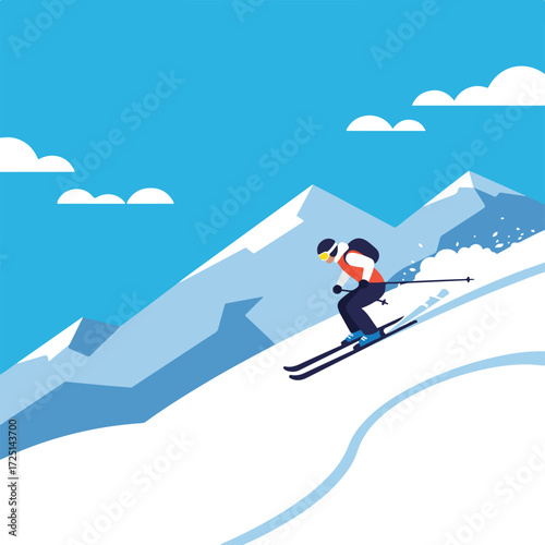 Skier descends snowy mountain under blue sky, stylized vector illustration