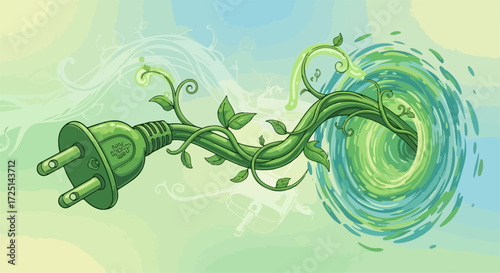 Green energy illustration of electric plug with vines demonstrates environmental awareness, showcasing clean power.