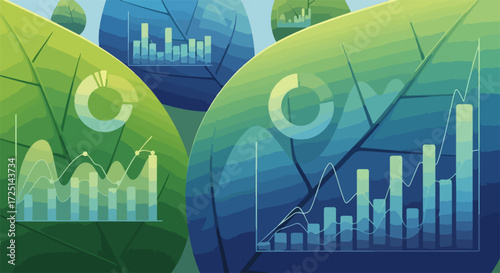 Graphical data on leaves illustrates nature of business, showcasing market analysis and financial growth, with charts, graphs, and diagrams. This graphical data emphasizes economic sustainability,