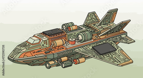 Detailed illustration of fictional aircraft with complex mechanical and technological elements. Fictional aircraft design showcasing futuristic, intricate engineering,