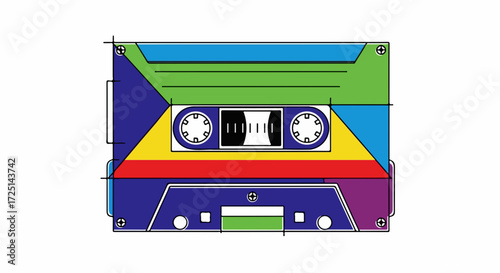 Colorful audio cassette tape is an illustration of retro music media storage. Colorful audio cassette tape, painted in rainbow colors with green, yellow, blue, and red, brings back nostalgia.