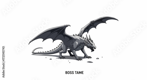 Gray dragon with spiky features is portrayed in cartoon style, wings spread, ready to take flight. This gray dragon illustration, isolated on white background, evokes tales of adventure, fantasy,