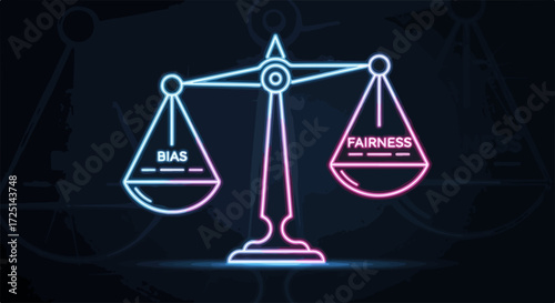 Bias and fairness concept, with equilibrium on balance scales in bright neon light. Bias and fairness concept reflects justice, equality, and impartiality, visualized on balance scales.