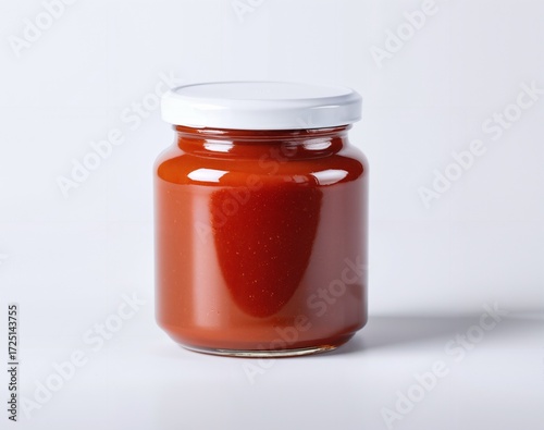 Jar of red tomato sauce on plain white background studio product photography closeup glossy glass jar with white lid minimal shadow clean composition for packaging mockup
