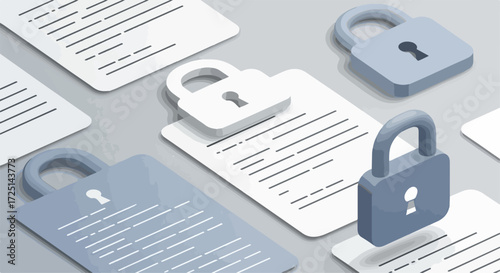 Document security with padlocks, illustration of document security, and data protection. Document security represented by secured files on table. Conceptual document security for business, law,