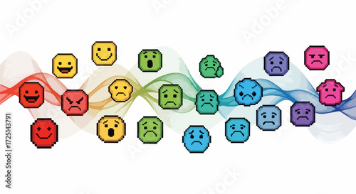 Emoji mood expression of feelings with diverse rainbow colors and wavy backgrounds. Emoji mood illustration depicts variety of emotional states and reactions, symbolizing different attitudes,