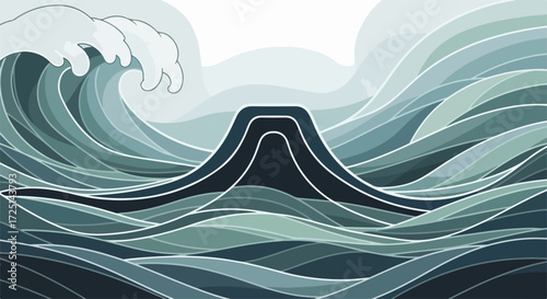 Stylized ocean wave illustration showing sea and mountain, depicting natural scenery. Ocean wave is suitable for decorative designs, reflecting power and motion.