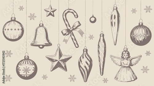 A charming collection of vintage christmas ornaments in a delicate silhouette style including baubles icicles bells stars and an angel suspended against a festive snowflake background silhouette