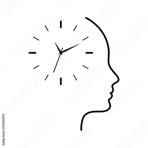 circadian health. Human head silhouette with clock inside symbolizing circadian rhythms biological cycles daily routine sleep health body clock time balance and natural biorhythm concept