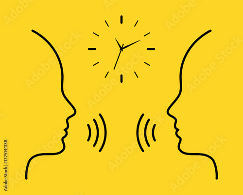 Two human profiles with sound waves and clock symbol, representing communication, dialogue, psychology, circadian rhythm, mental health, speech, interaction, time management concept. Editable stroke
