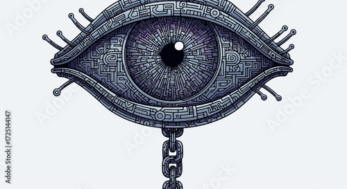 Mechanical eye detailed illustration on white background shows a captivating and unique mechanical eye concept, featuring intricate gears and metallic components, with each element carefully crafted.