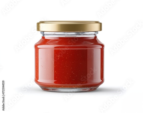 Glass jar filled with smooth red tomato sauce sealed with gold metal lid placed on white background studio lighting close up product packaging food condiment