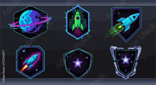 Space badges displayed as vector graphics, emblems featuring celestial bodies and rockets. Space badges are cool elements for web interfaces. Space badges give futuristic look.