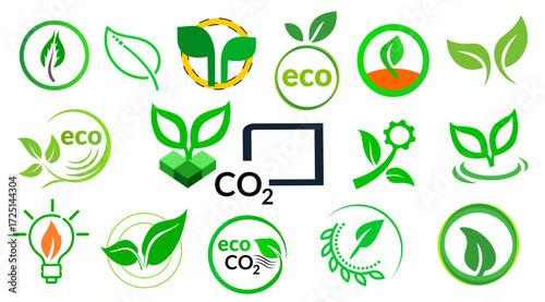 A collection of green eco and bio logos, vector icons for environmental protection, renewable energy and organic products