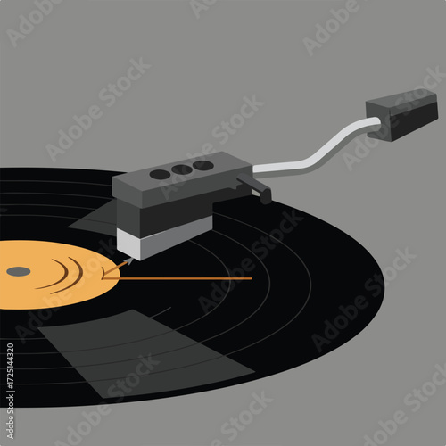 Vinyl spinning on turntable with arm and needle detail in flat style