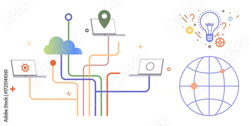 Laptops linked to cloud with colorful lines, lightbulb for creativity, globe for global reach. Ideal for technology, innovation, networking, connectivity, brainstorming, globalization collaboration