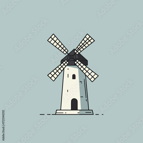 Simple illustration of a quaint, flat-design windmill on a pale blue background