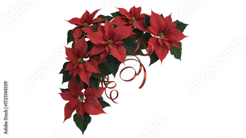 A festive corner arrangement of deep red poinsettia flowers and dark green leaves with decorative gold ribbons in a silhouette style