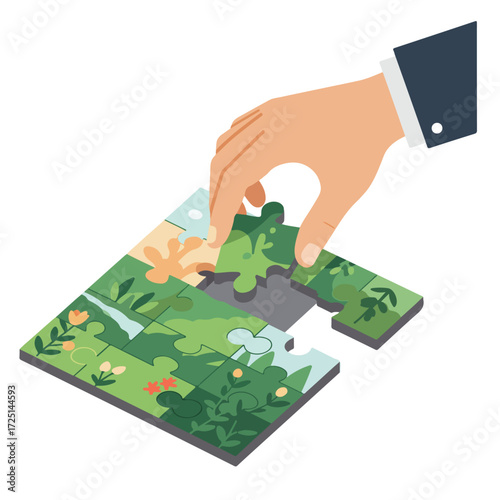 Puzzle with floral design being completed by a hand wearing suit jacket