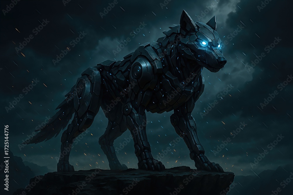 Fototapeta premium Robotic Cyber Wolf With Glowing Blue Eyes