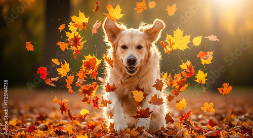 Golden Retriever Puppy Smiling While Sitting in Autumn Leaves