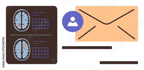Brain scans, envelope, and user profile icon illustrating connection between neuroscience, data sharing, and communication. Ideal for medical insights, technology, research, connectivity