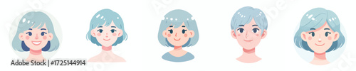 Vector Avatar of a woman's face with short hair colored pastel blue, light skin, cheerful expression
