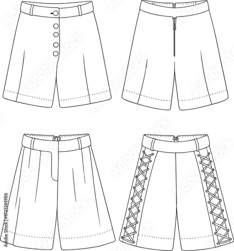 Women’s shorts collection, high waist button, zipper front, lace up detail, fashion flat sketch, CAD apparel drawing, vector clothing design
